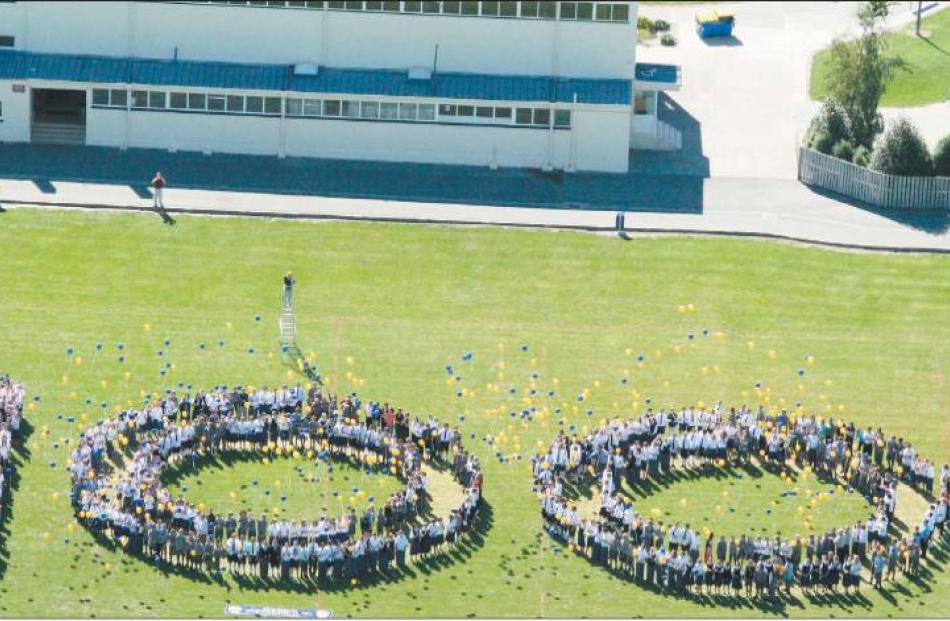 Huge task: The entire school let balloons go as they celebrated Gore High School’s Centennial....