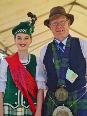 Highland Dancing Champion Sarah McCarthy with Colin Forsyth. Photo: Hororata Highland Games