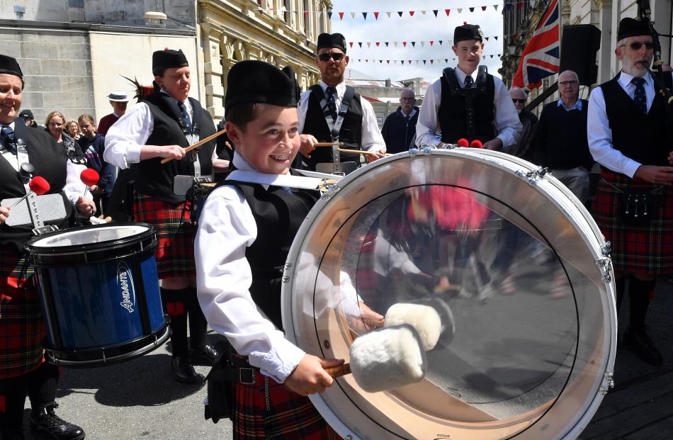 Owen Elliot, 14, pounds out the loud notes with the Waitaki District Schools Pipe Band during the...
