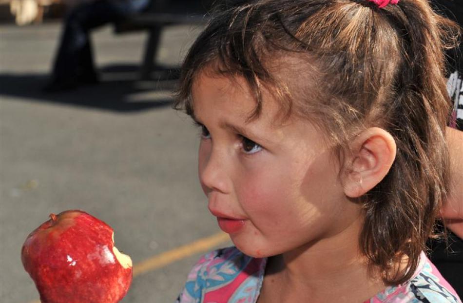 Meeya Stanley (5), of Mosgiel, enjoys a toffee apple. Photos by Linda Robertson.