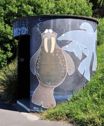 The bus shelter on Brighton Rd near Scroggs Hill Rd which features the controversial  walrus mural .