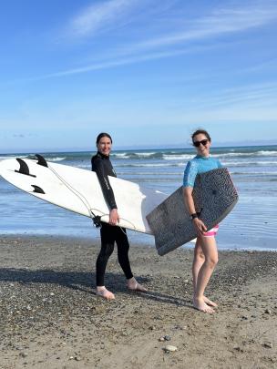 Ally Marshall and Lynne Ramsay on the beach at Colac Bay, Southland, one fine evening about to go...