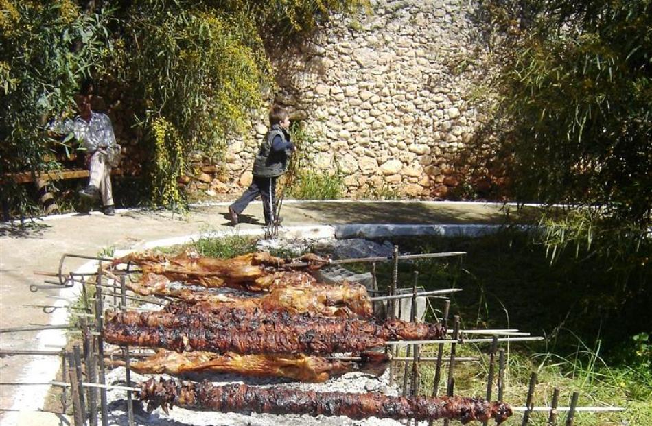 Lamb and goat spit roasts at the Mayor's Easter picnic.