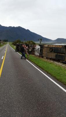 A truck was thrown off the road by strong winds at Te Taho, north of Whataroa on the West Coast....