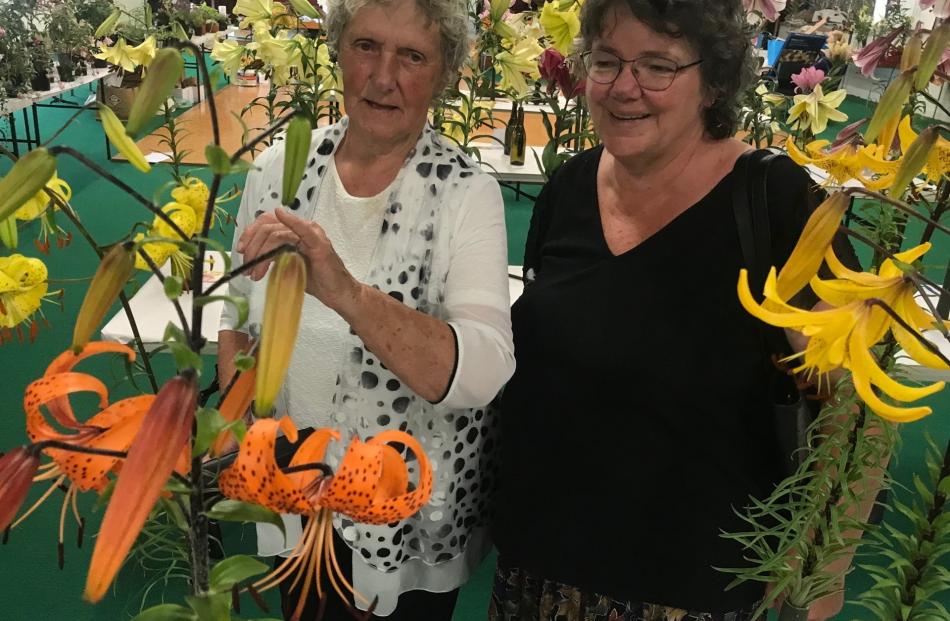 Marie Thomas (left), of Christchurch, and Deidre Cross, of Oamaru, admire lily stems with...