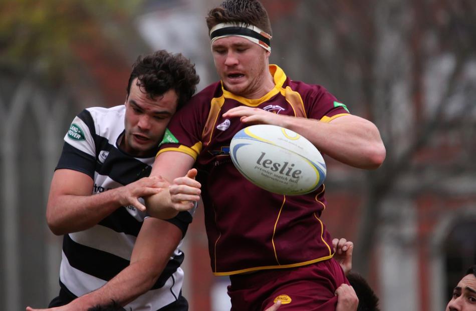 Alhambra Union lock Mike Colville claims a lineout despite the pressure of counterpart Tom...