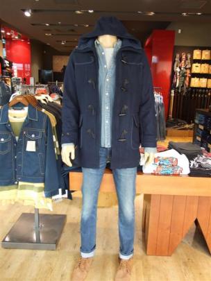 Levi's duffle coat, denim shirt and slim-leg jeans, at Levi's.