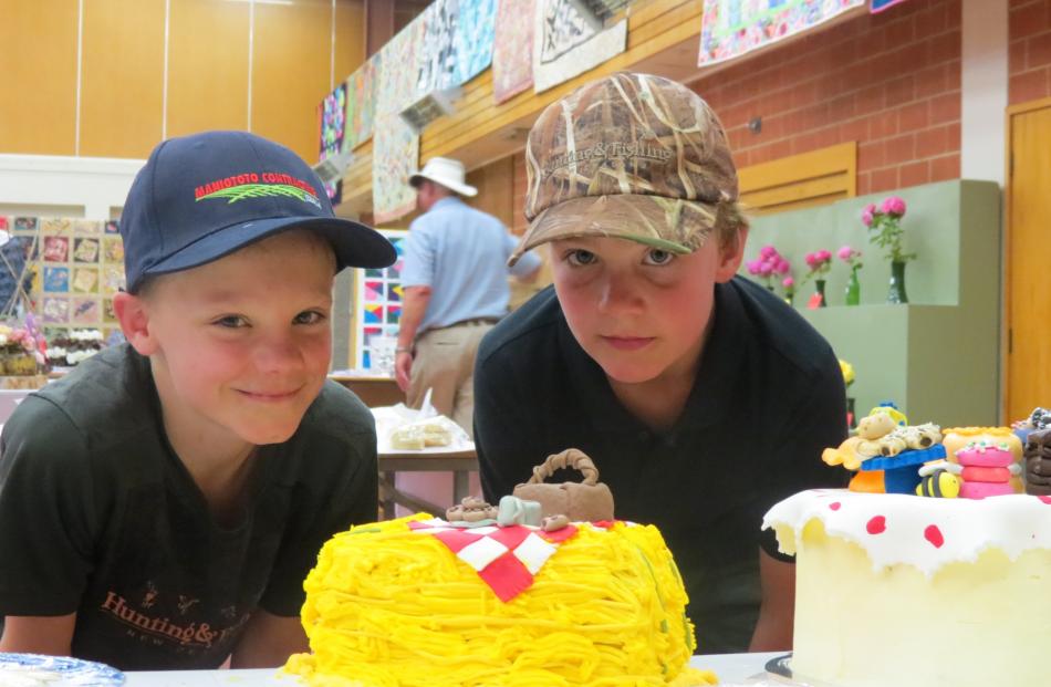 Admiring the decorated cakes at the Maniototo A&P Show are show goers Toby McFadyen-Beck (left),...