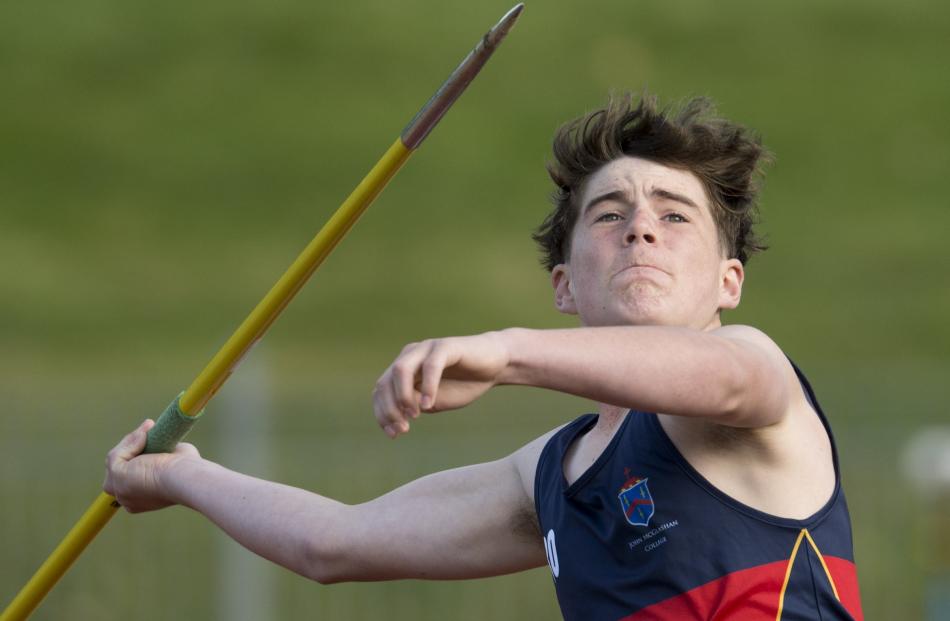Angus Hollows (John McGlashan) winds up on his way to winning the boys under-14 javelin.