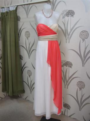 Dress with melon and beige bodice and melon and white skirt, at Refined Rig, Dunedin.