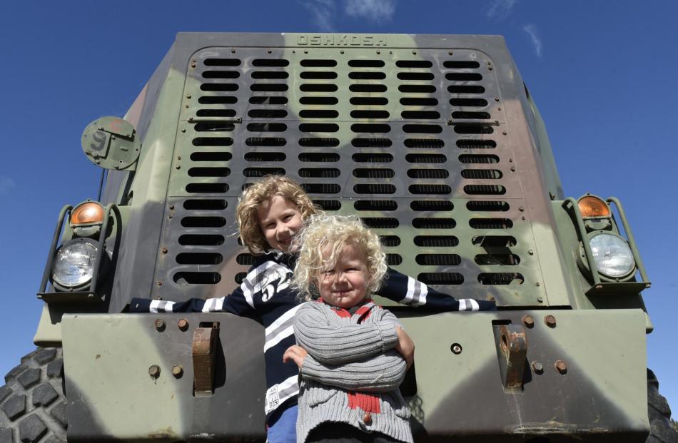 Wānaka locals Harrison, 8, and Hunter, 4, Lyons found a gigantic Oshkosh military truck to be...