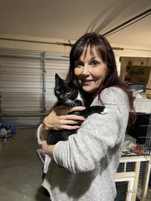 Diamond Harbour resident Liz Fisher and a rescued stray cat. Photo: Supplied