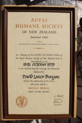 The Royal Humane Society certificate awarded to Lance Bunyan after he saved a man's life at St...