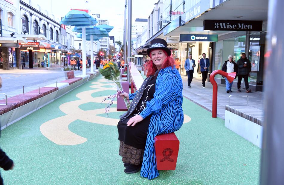 Cr Mandy Mayhem tests the playground equipment installed as part of the George St upgrade. Photo:...