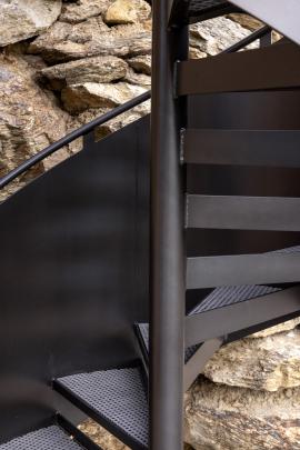 An external stair leads from the lower outside terrace to the living level.