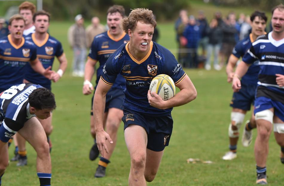 Dunedin winger Joshua Augustine heads for the tryline against Kaikorai. PHOTO: GREGOR RICHARDSON