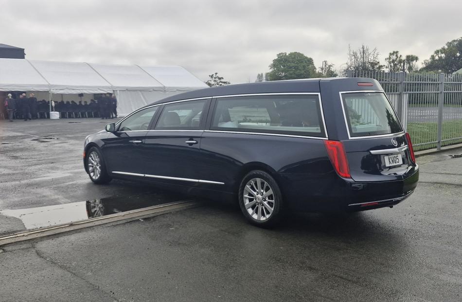 The hearse arrives with the body of Connor Garden-Bachop at his memorial service in Christchurch....