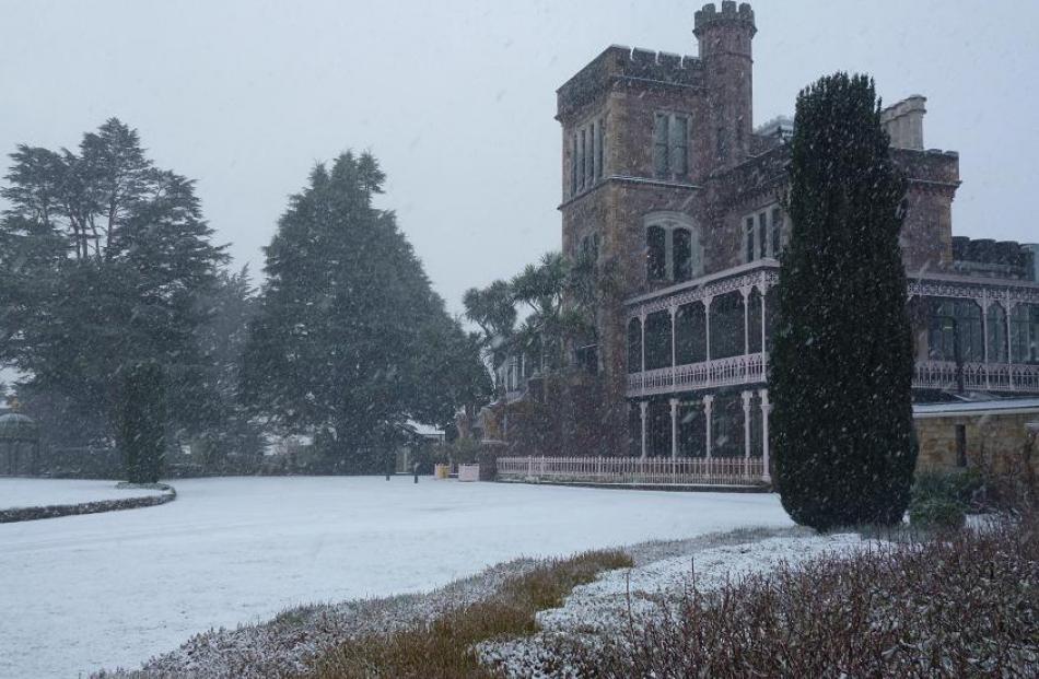 Snow at Larnach Castle this morning. Reader photo by Brian Langley