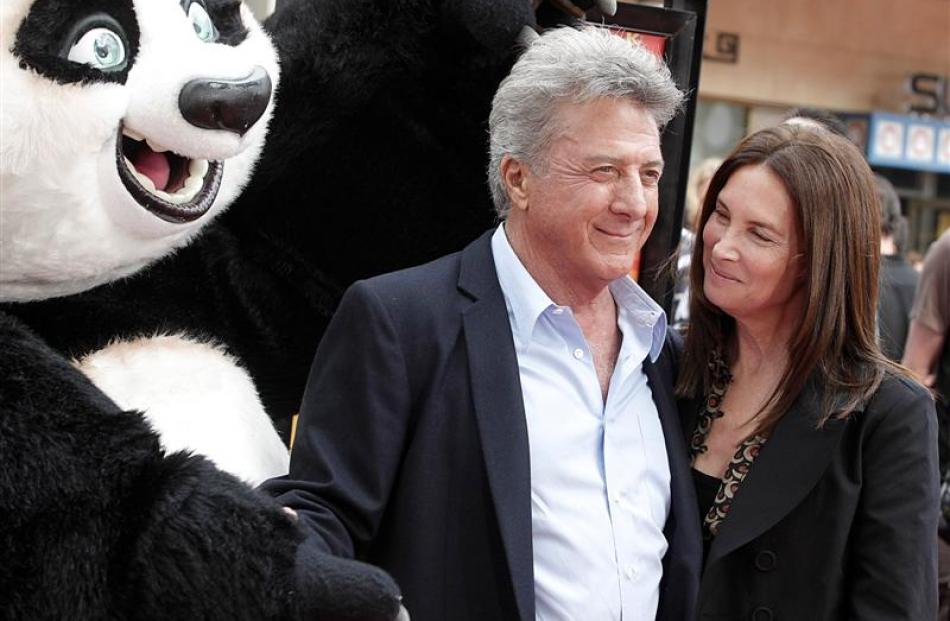 Actor Dustin Hoffman, his wife Lisa Hoffman and Po the Panda. Photo Dan Steinberg/AP.