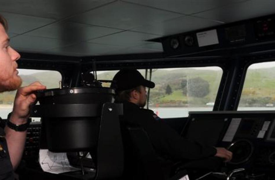 Sublieutenant Trent Nancekivell on the bridge of  HMNZS Rotoiti. Photos by Craig Baxter.