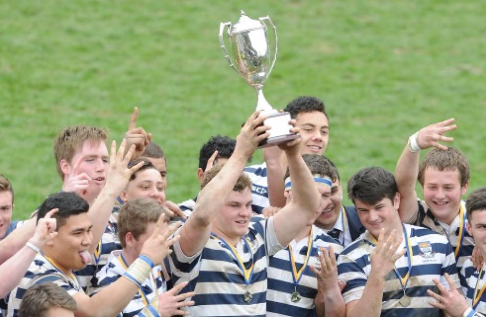 Otago Boys High School celebrate their win over Southland Boys High School during the Highlanders...