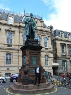 Dunedin Mayor Dave Cull with a statue of William Chambers, 19th-century Edinburgh publisher and...