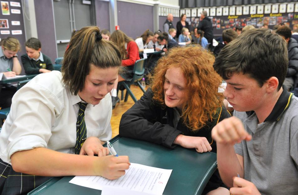 East Otago High School team members (from left) Katie Ratahi (13), Kaleb Cowie (14) and Mitchell...