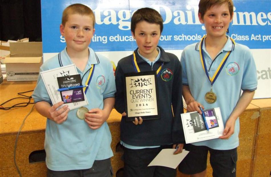 First-time quiz competitors (from left)  Maz Gregory (9), Matthew Moore (11) and Cameron Scobie ...