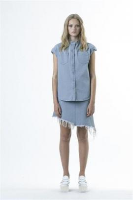 Stolen Girlfriends Club washed denim Garage Duty Shirt and Duty Calls skirt are on trend for...