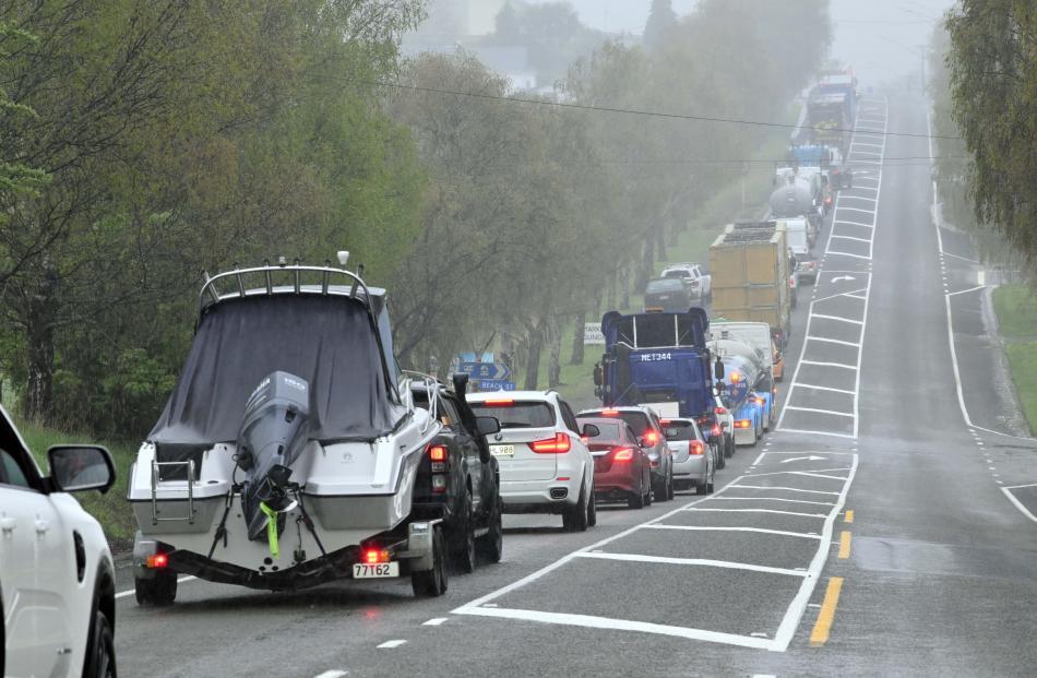 North-bound traffic lines SH1 at the southern entry to Waikouaiti yesterday. PHOTO: GERARD O'BRIEN