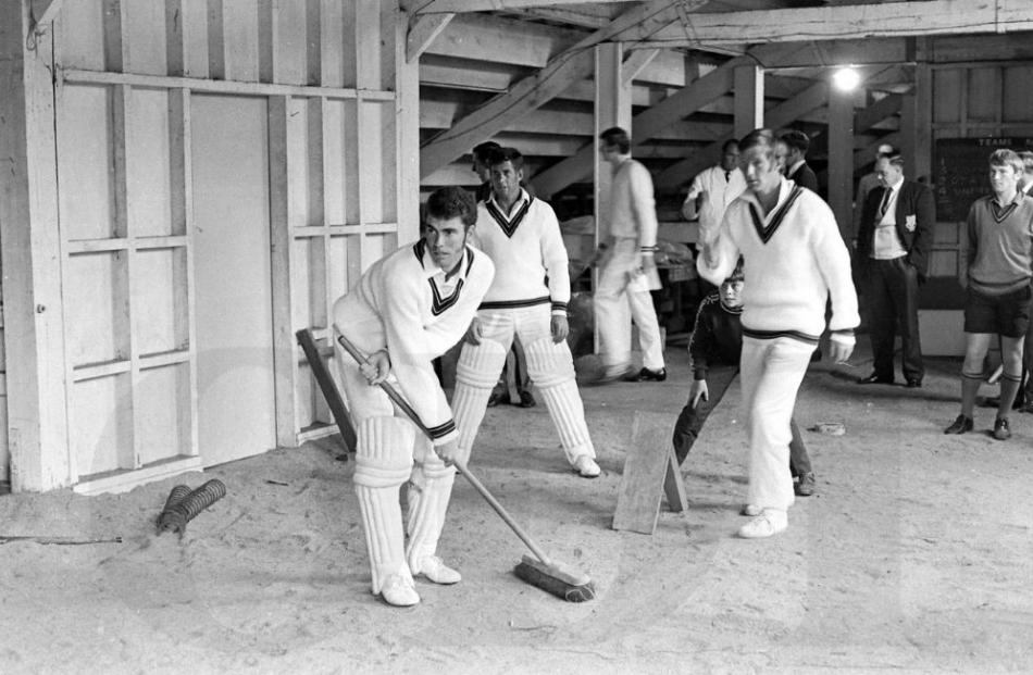 Published 28/02/1970. Greg Chappell prepares for a left-handed sweep to leg in a mock cricket...
