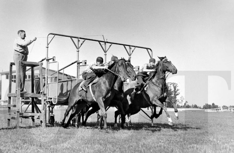 Published 21/12/1960. The wood starting gates at Wingatui. Sending the horses away is Mr J.S....