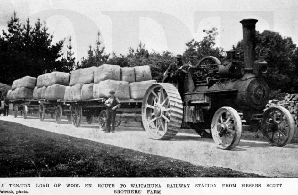 13/03/1912. A ten-ton load of wool en route to Waitahuna railway station from Messrs Scott...