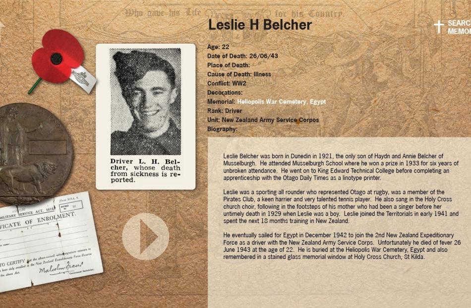 A screenshot of the new Roll of Honour interactive feature in the Call to Arms gallery at Toitū...