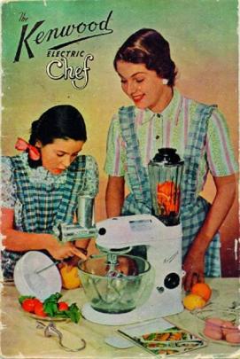 An image from about 1950, advertising the sturdy British-made A700 Kenwood Chef table mixer.