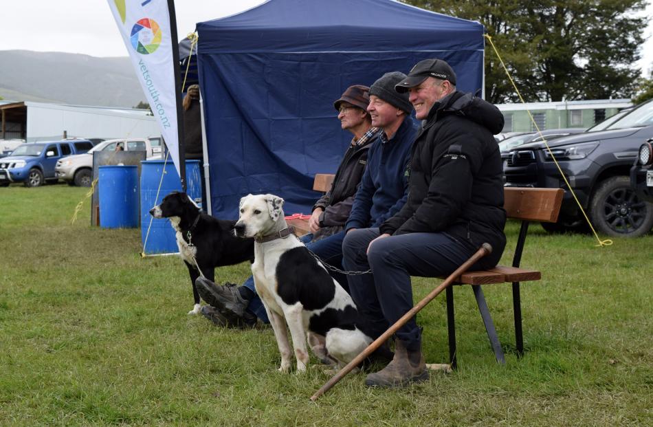 Watching the dog trials are, from left, Kevin Johnstone of Edievale with heading dog Lynn,Todd...