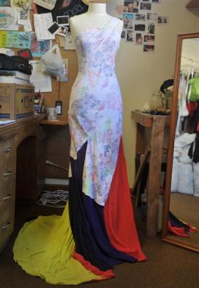 A dress made from an eight-gore skirt and donated fabric.