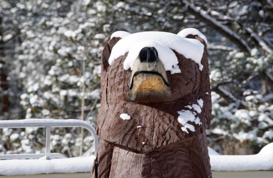 The face of a carved wooden bear is covered with snow after a storm moved through Golden,...