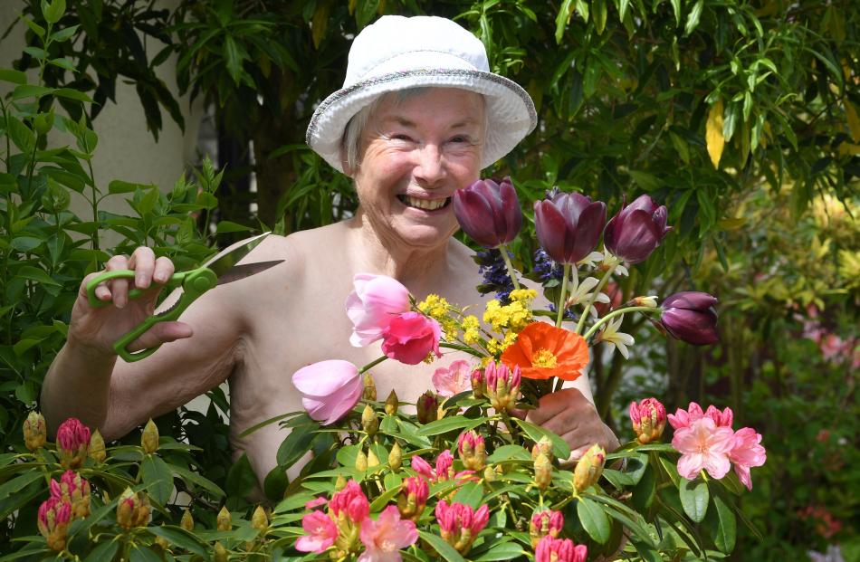 Flowers from her garden ensured no-one was offended by nude gardener Gillian Vine. PHOTO: STEPHEN...
