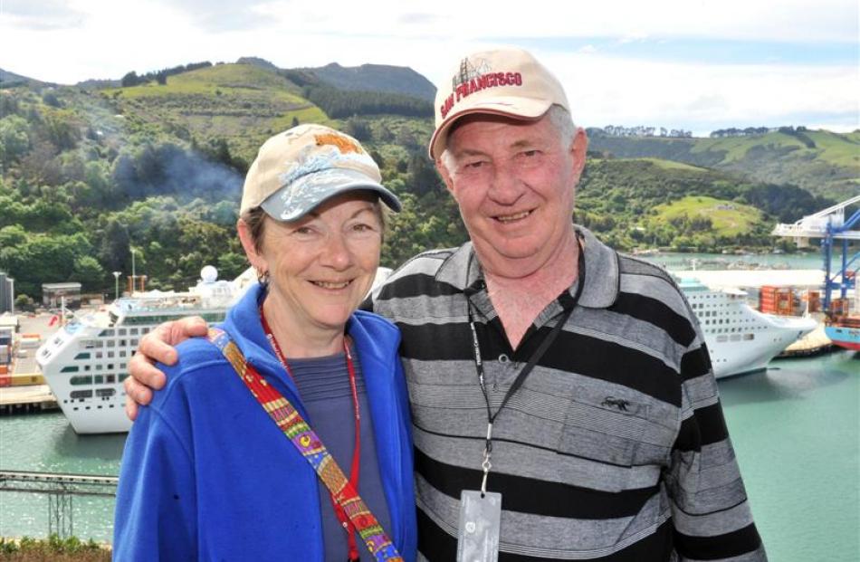Passengers Jill and Rick Benwell, of North Queensland, at the lookout in Port Chalmers