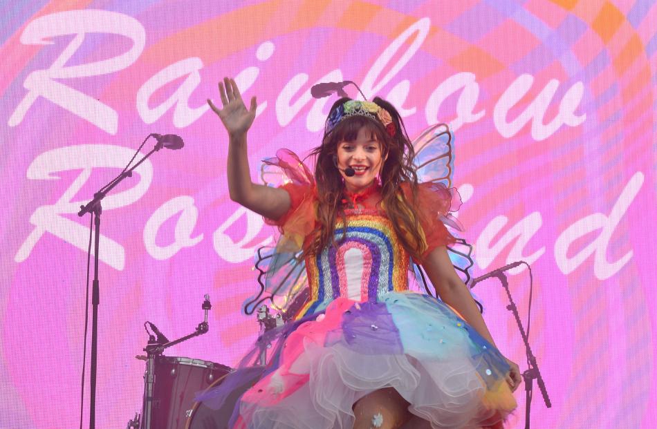 Wiggles tour entertainer Rainbow Rosalind waves to the crowd.
