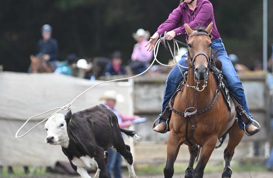 Anna Thomas, of Balclutha, competes in the breakaway roping event.