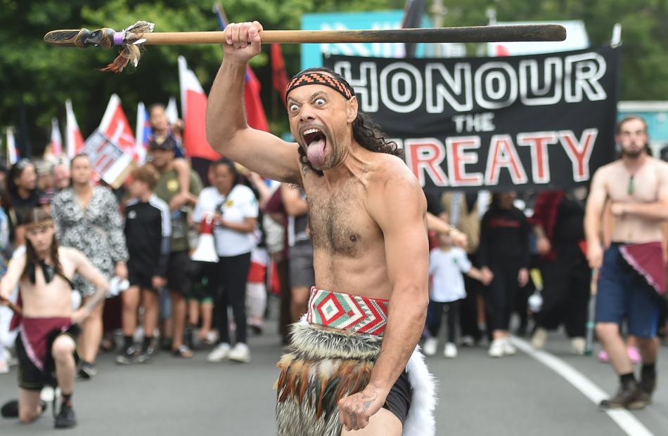 Matu Pene leads the large march to the Octagon, in Dunedin, to protest against the Principles of...