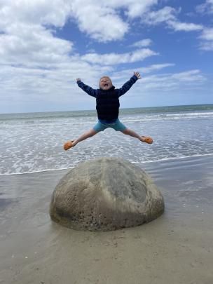 The sky’s the limit ...  Ethan Conlan, 6, at the Moeraki Boulders / Kaihinaki, on January 8....