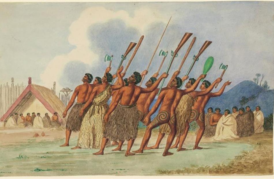 Jenner Merrett may have sketched this haka at the time he was visiting Hone Heke at Takou Bay....