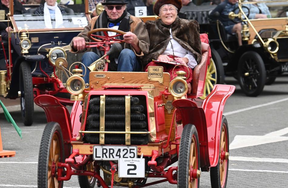 A two-seater 1903 Darracq G, owned by Gavin Hunt, begins the rally.