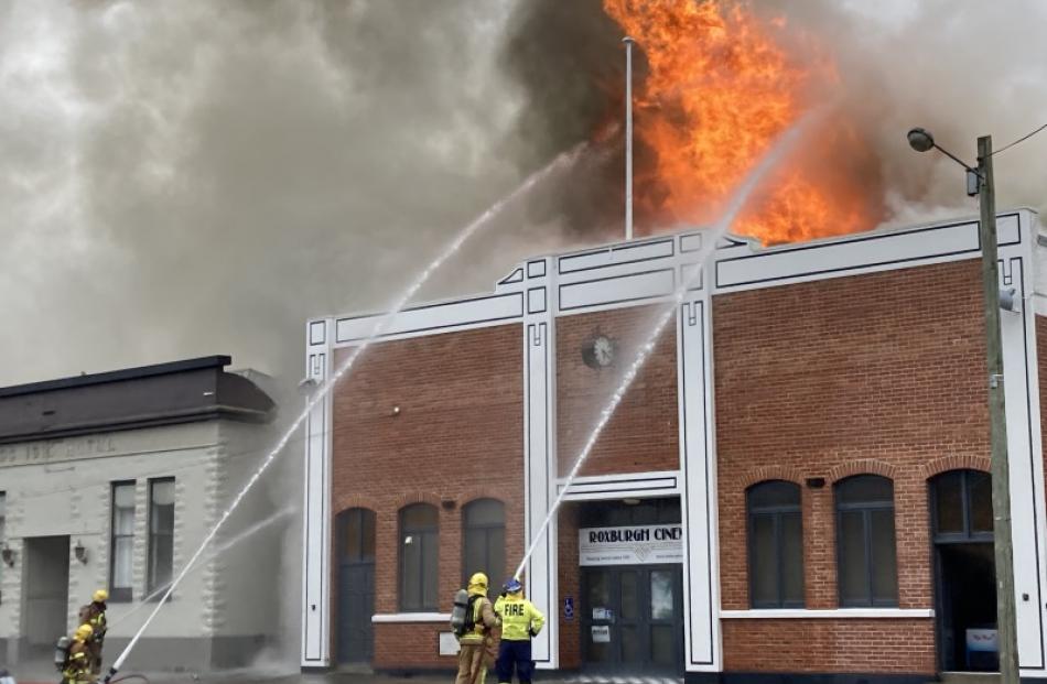 Firefighters attend the scene of the Roxburgh Town Hall fire. Photo: Richard Davison