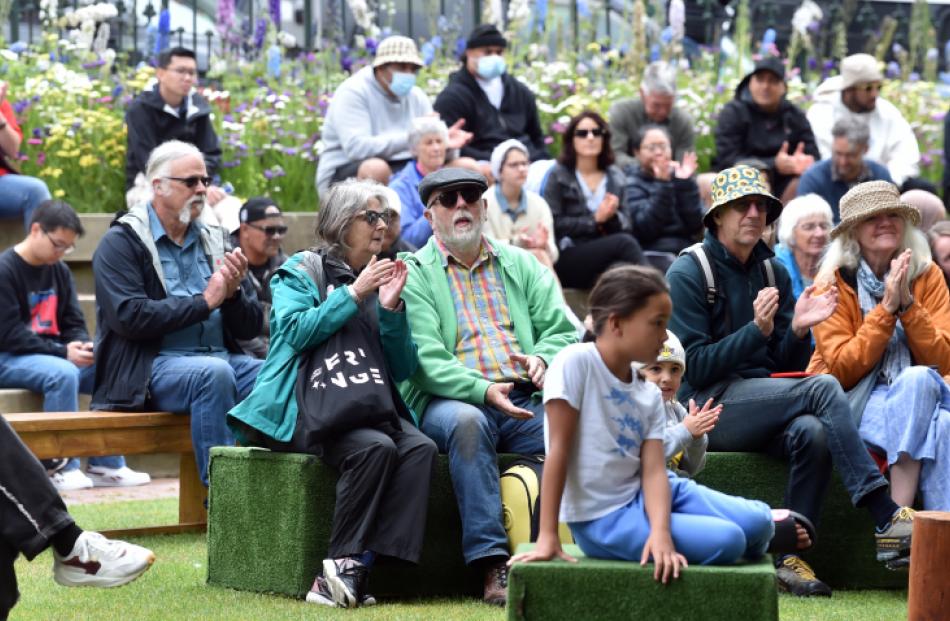 People gather in the Octagon at the Dunedin Waitangi Day celebrations. Photo: Peter McIntosh