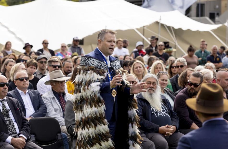Queenstown Mayor Glyn Lewers addresses the crowd at today's Waitangi Day festivities. Photo:...