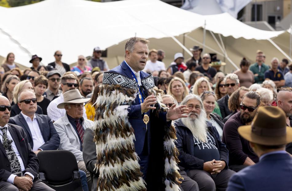 Queenstown Lakes District Mayor Glyn Lewers speaks at the Waitangi Day celebrations in Queenstown...